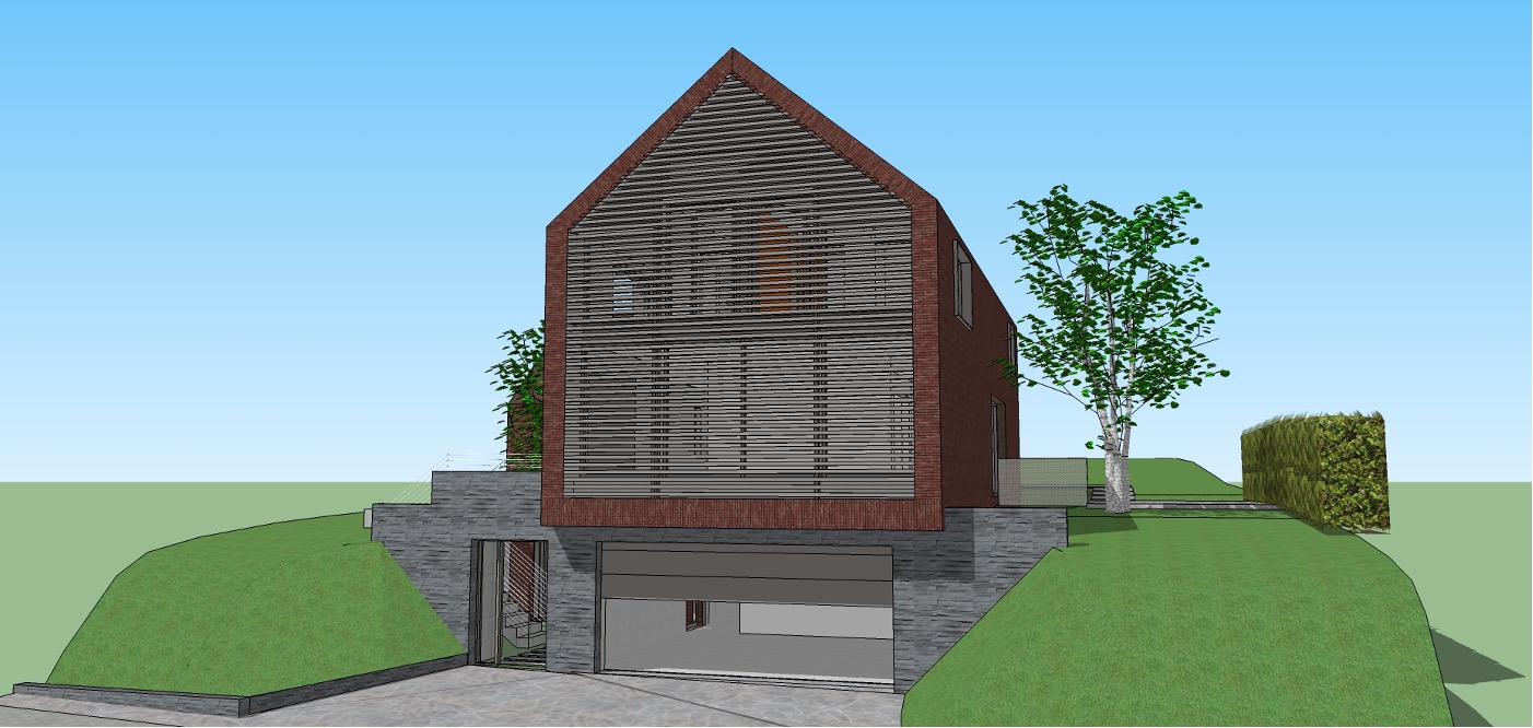 Nouvelle construction à Irchonwelz : façade avant largement vitrée avec protection solaire en bois.